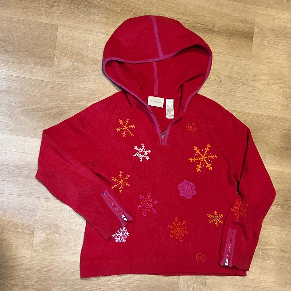 Liz Claiborne Wool Angora Hoodie Size L Snowflake Embroidery Quarter Zip Sweater